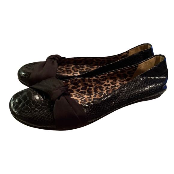 Libby Edelman Flats 9M Black Snake Print Bow Ballet Shoes Leopard‎ Lining EUC - Picture 3 of 6